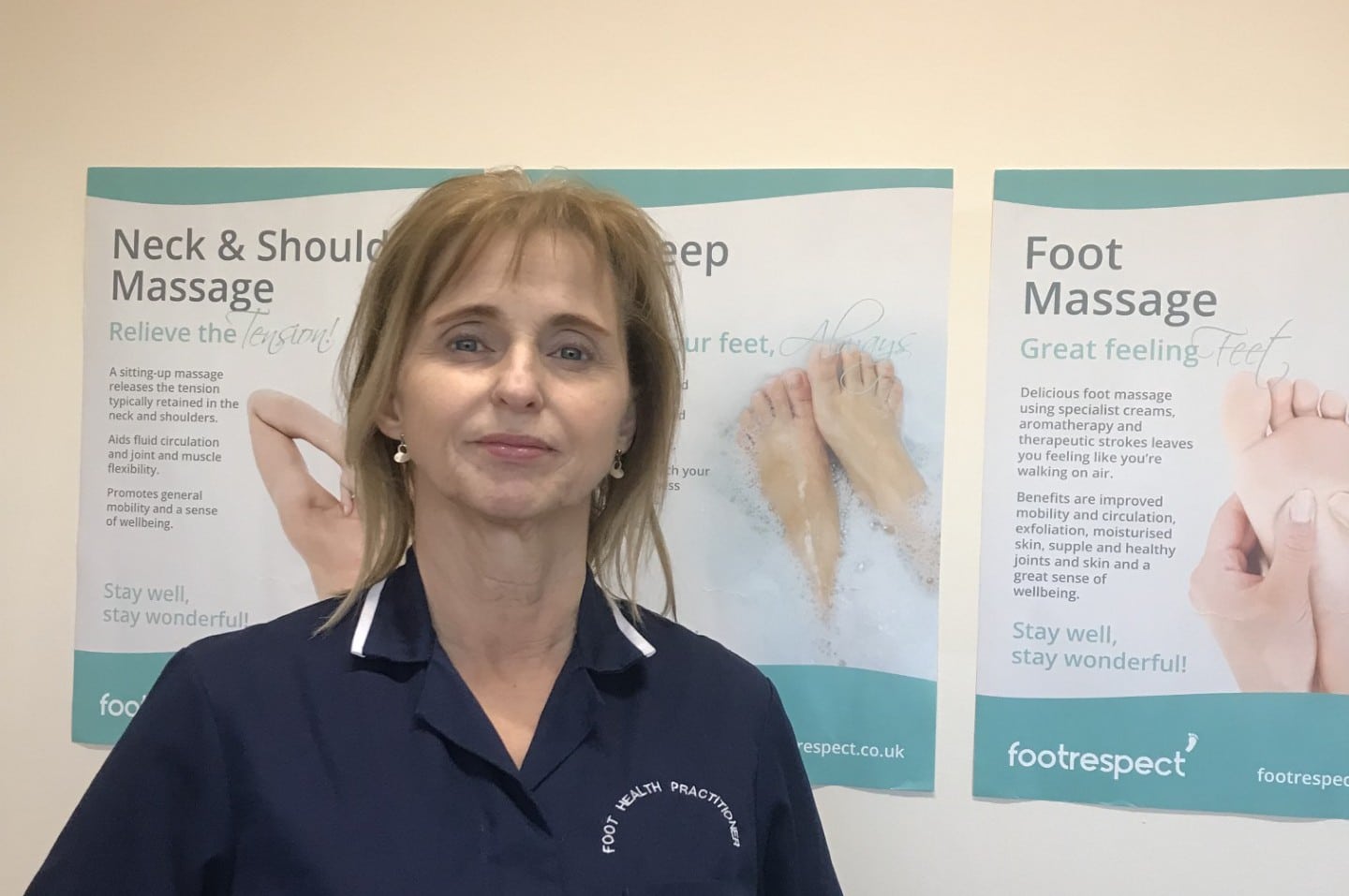 Professional photo of Ola at her practice with Foot Respect branding