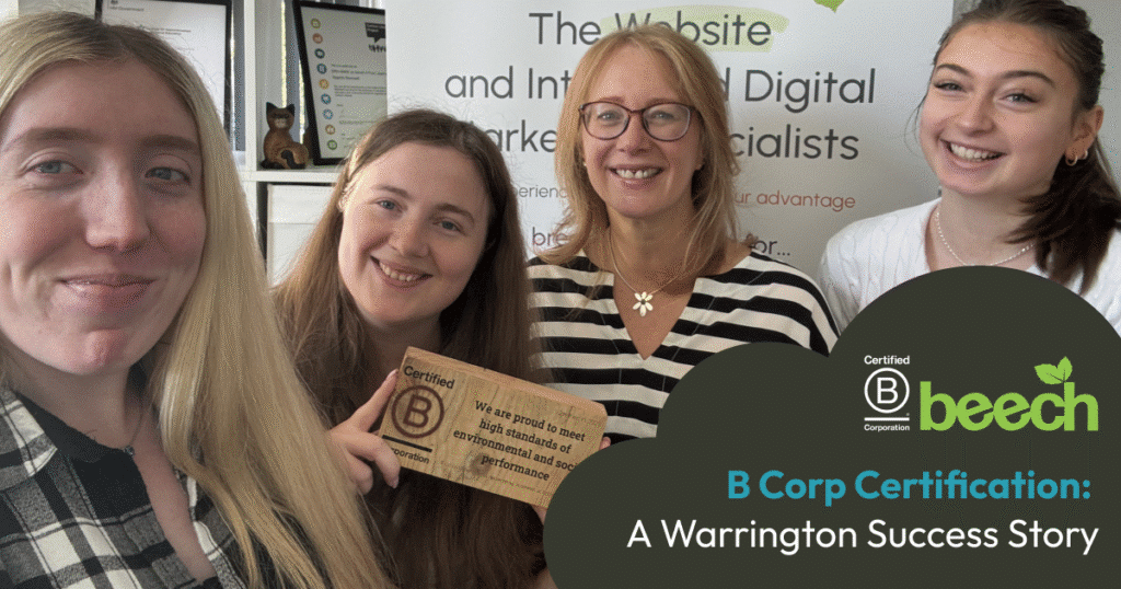 Beech Web Services team holding B Corp badge and the title 'B Corp Certification: How did Beech achieve this level of accreditation?'