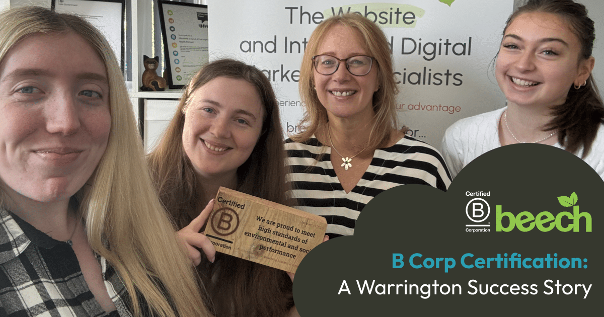 Beech Web Services team holding B Corp badge and the title 'B Corp Certification: How did Beech achieve this level of accreditation?'