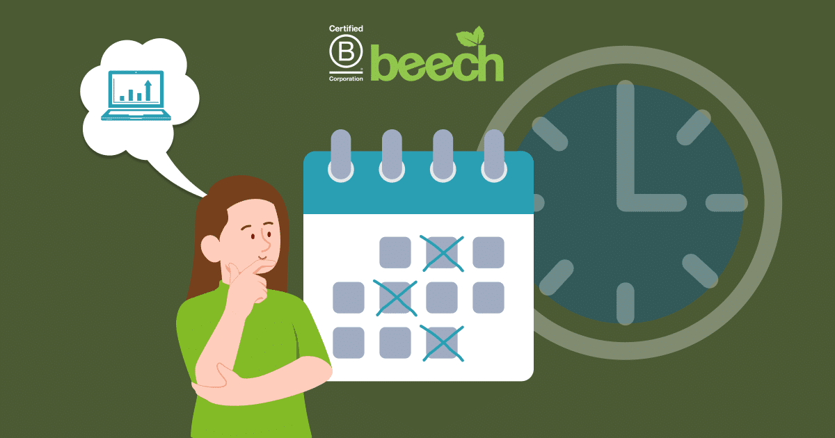 A calendar with regular markings to signify regular checks on website, clocks faded in the background and a person looking at the calendar with a bubble coming out of their head that has a laptop in the middle