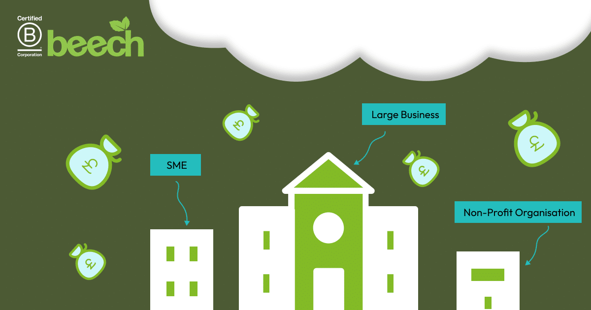 Three buildings representing businesses. One building is titled Large Business, one is titled SME, one is titled Non-Profit Organisation. There are money bags falling from the sky to show the impact of fines for non-compliance.